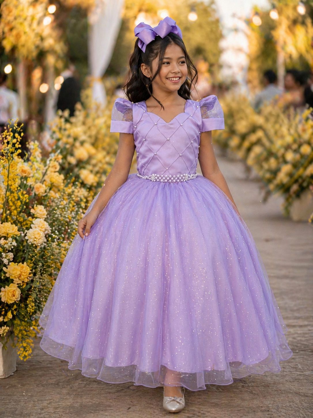 Vestido Longo Infantil Lilás com Busto Nervurado e Cinto de Pérolas