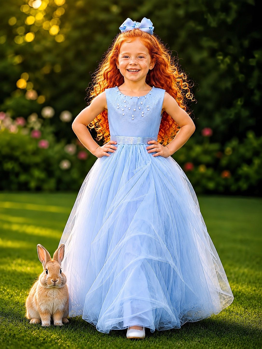 Vestido Longo Infantil Azul com Strass e Pérolas para Damas de Honra