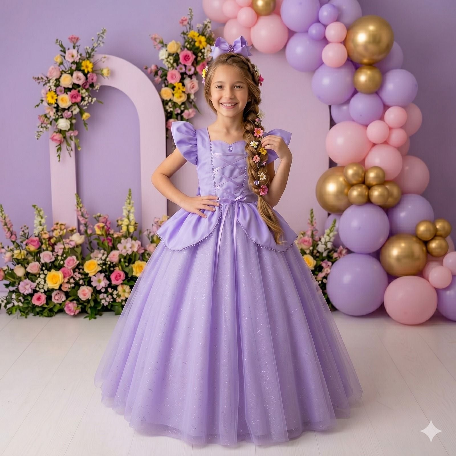 Vestido Longo Rapunzel para Mini Miss com Tule Brilhante e Mangas Bufantes