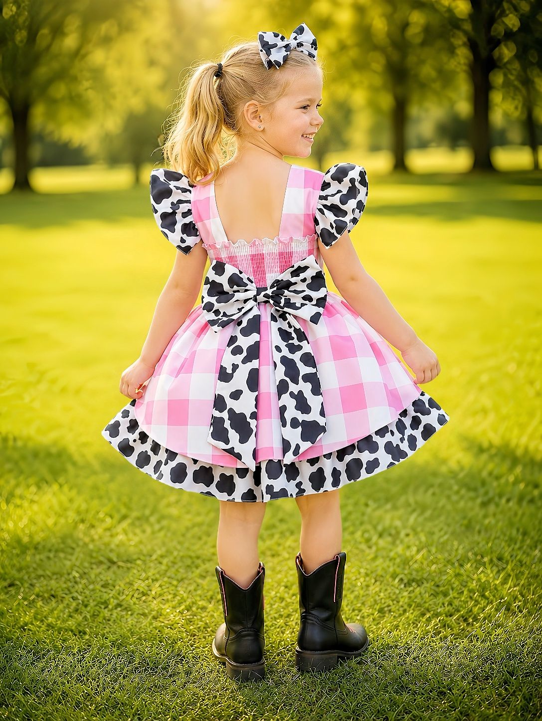 Vestido Infantil Xadrez Branco e Rosa com Estampa de Vaquinha