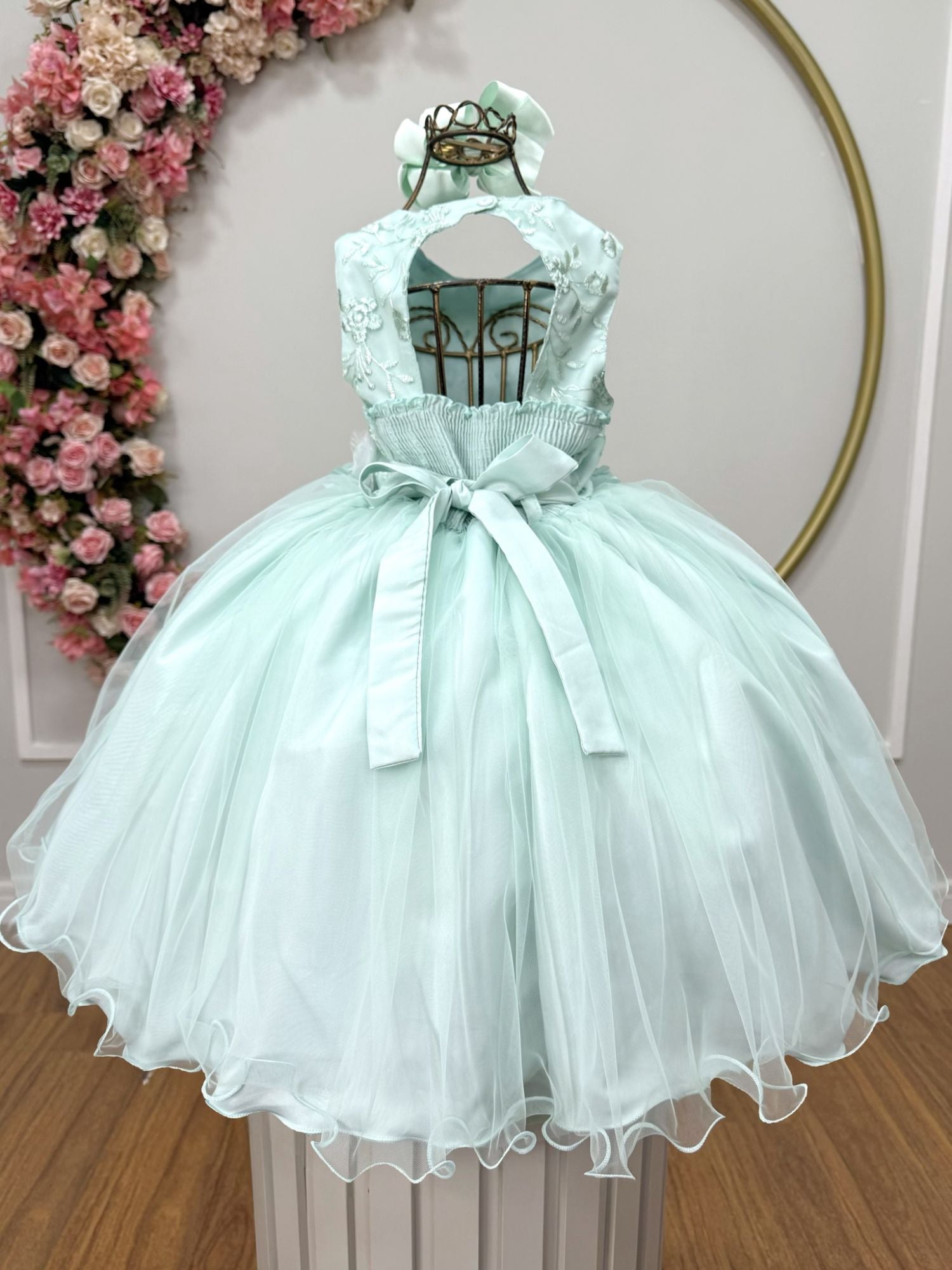 Vestido Infantil Verde Acqua Com Renda e Aplique de Flores