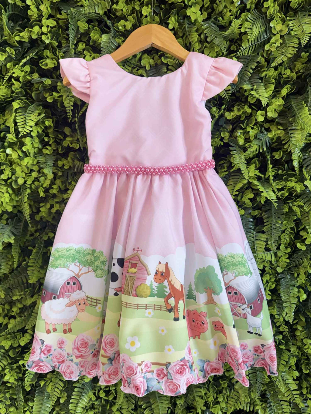 Vestido Infantil Rosa com Pérolas para Festas Baby Fazendinha