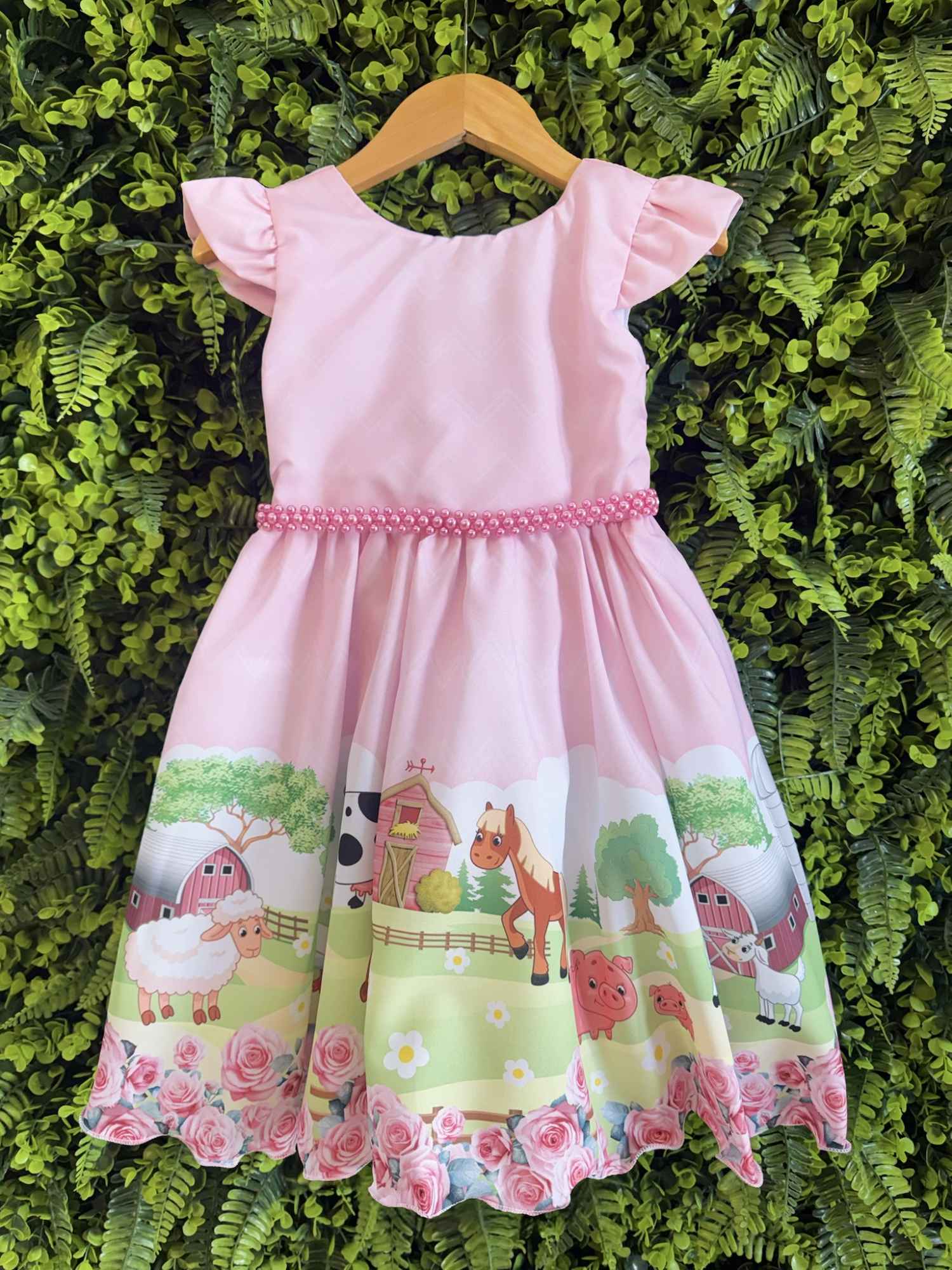 Vestido Infantil Rosa com Pérolas para Festas Baby Fazendinha
