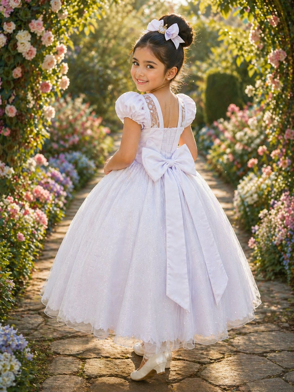 Vestido Infantil Branco com Busto em Renda e Bordado para Festas
