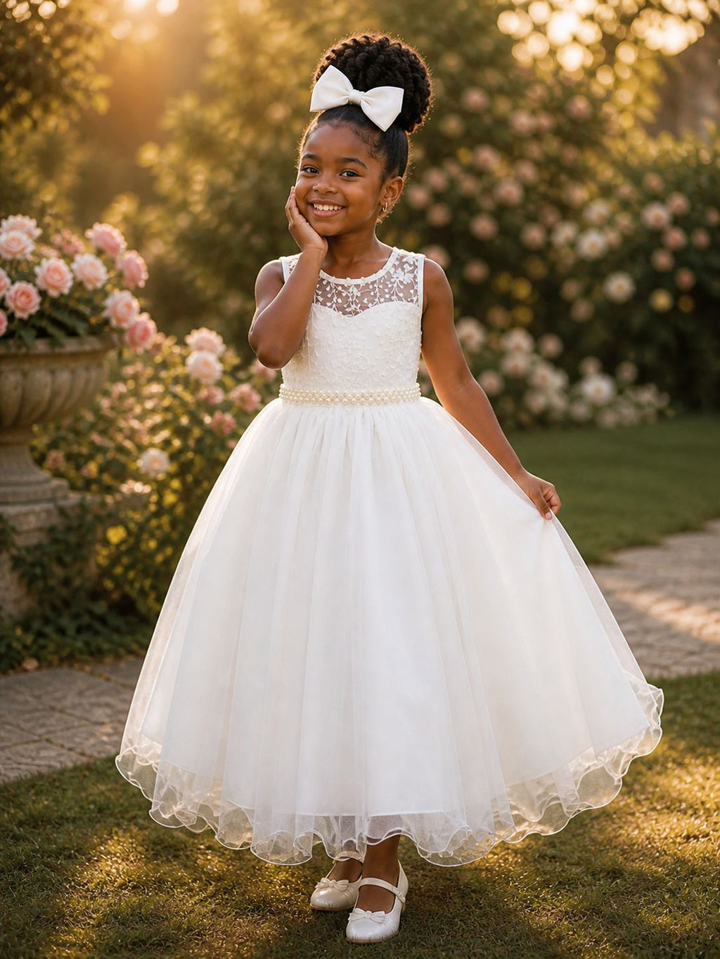 Vestido Infantil Longo Off White Com Renda e Pérolas para Damas de Luxo