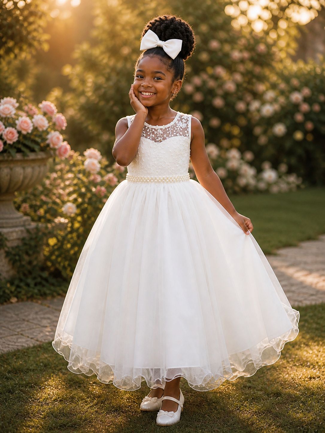 Vestido Infantil Longo Off White Com Renda e Pérolas para Damas de Luxo