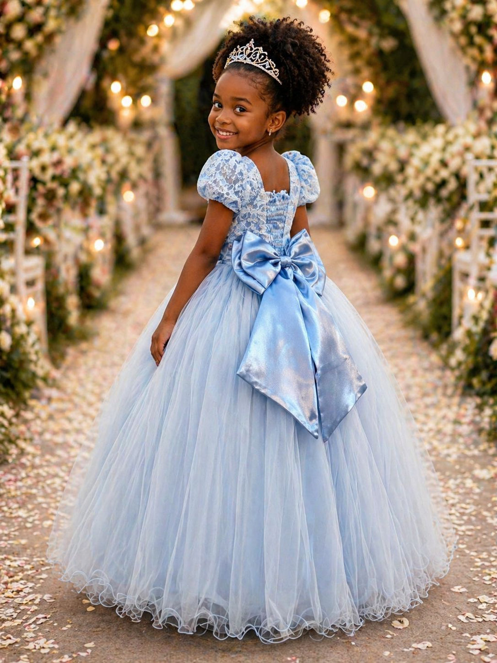 Vestido Longo Infantil Azul com Renda para Festas Luxuosas