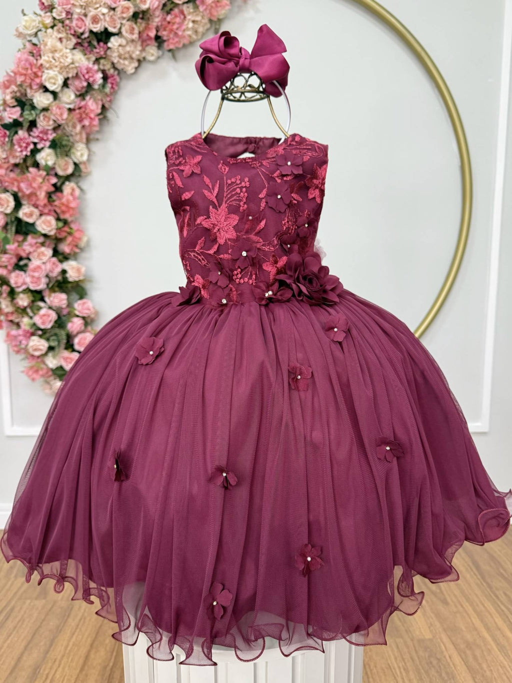 Vestido Infantil Luxo Marsala com Renda e Flores em Aplique