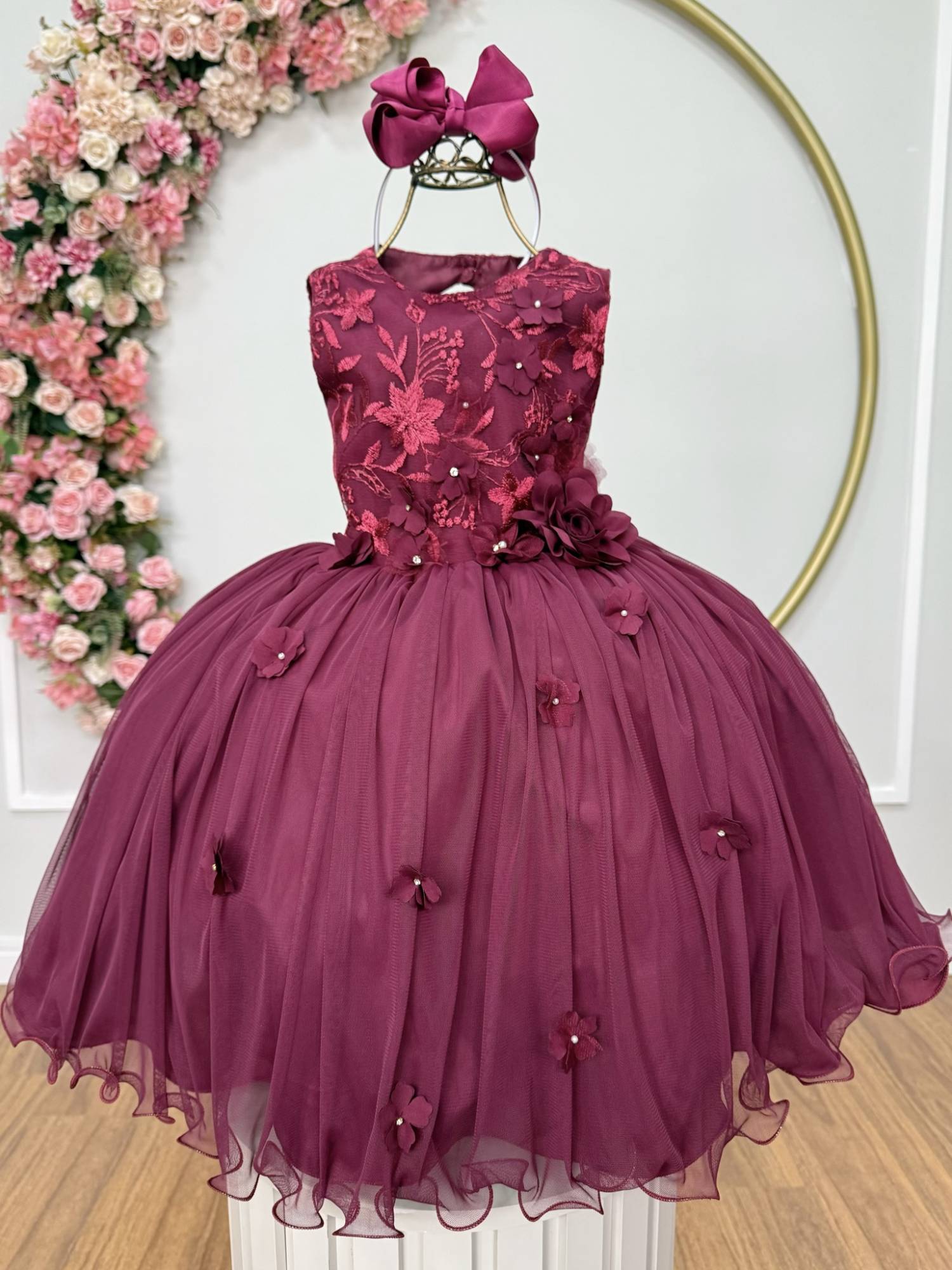 Vestido Infantil Luxo Marsala com Renda e Flores em Aplique