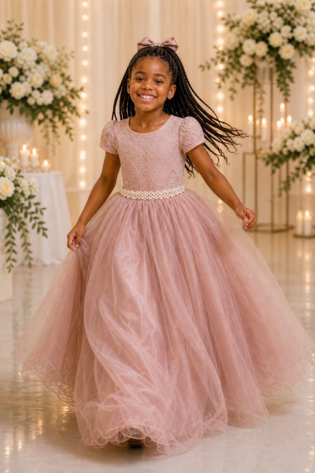 Vestido Longo Infantil em Rosa com Renda e Pérolas para Festas