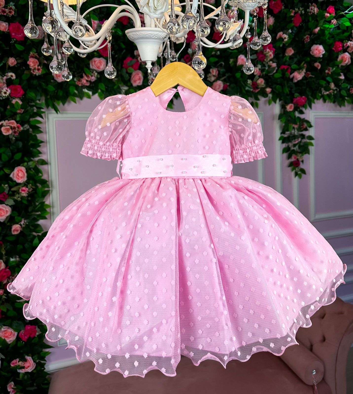 Vestido Rosa Infantil de Bolinhas com Forro em Poliéster e Algodão