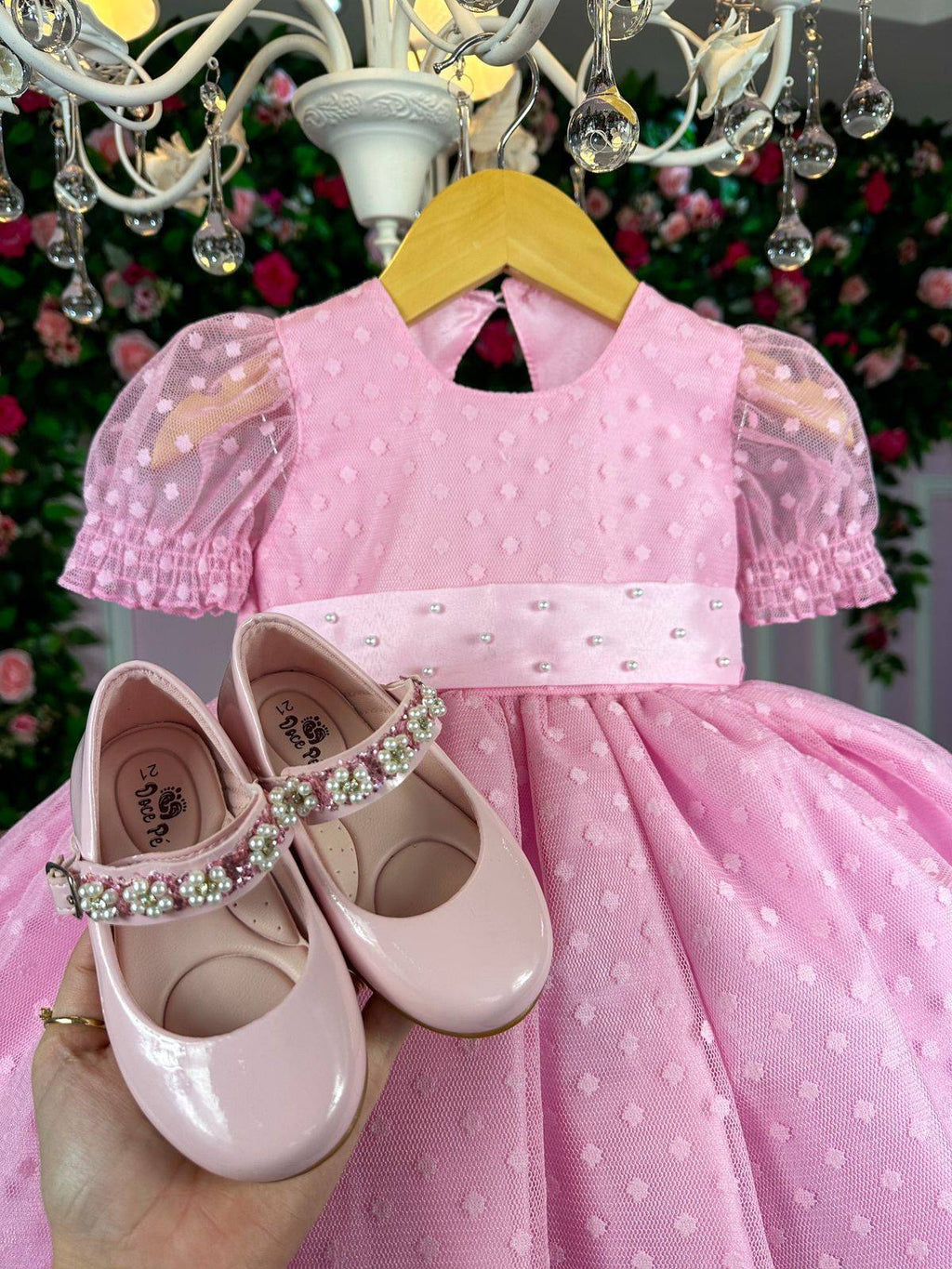 Vestido Rosa Infantil de Bolinhas com Forro em Poliéster e Algodão