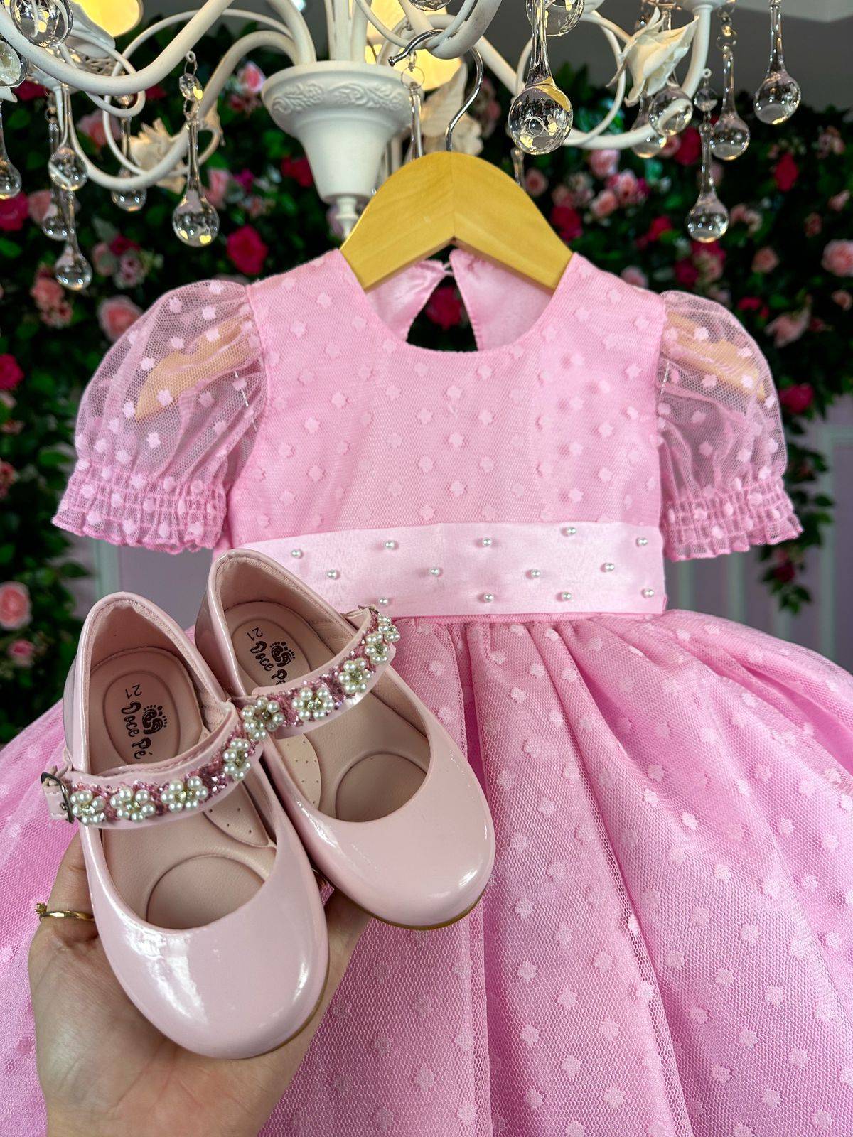 Vestido Rosa Infantil de Bolinhas com Forro em Poliéster e Algodão