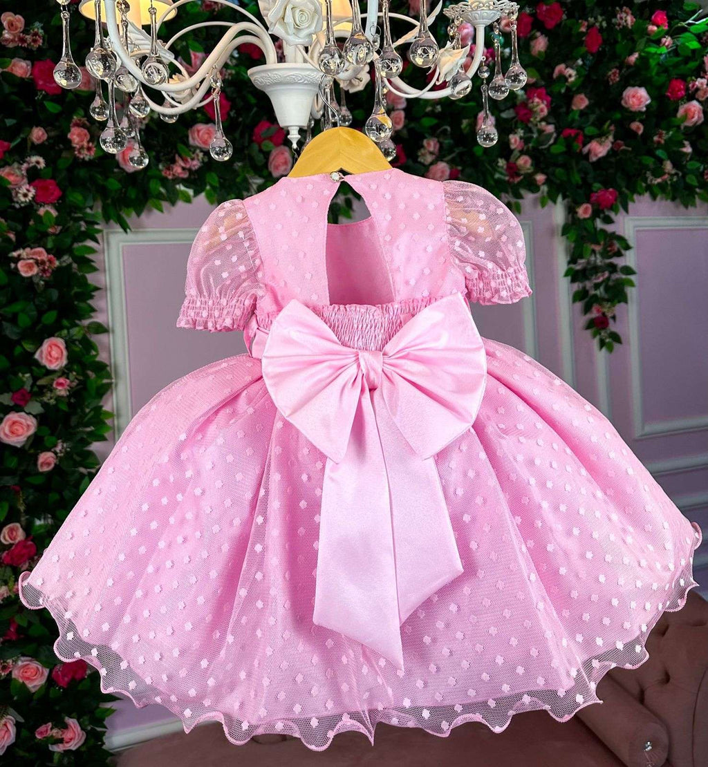 Vestido Rosa Infantil de Bolinhas com Forro em Poliéster e Algodão