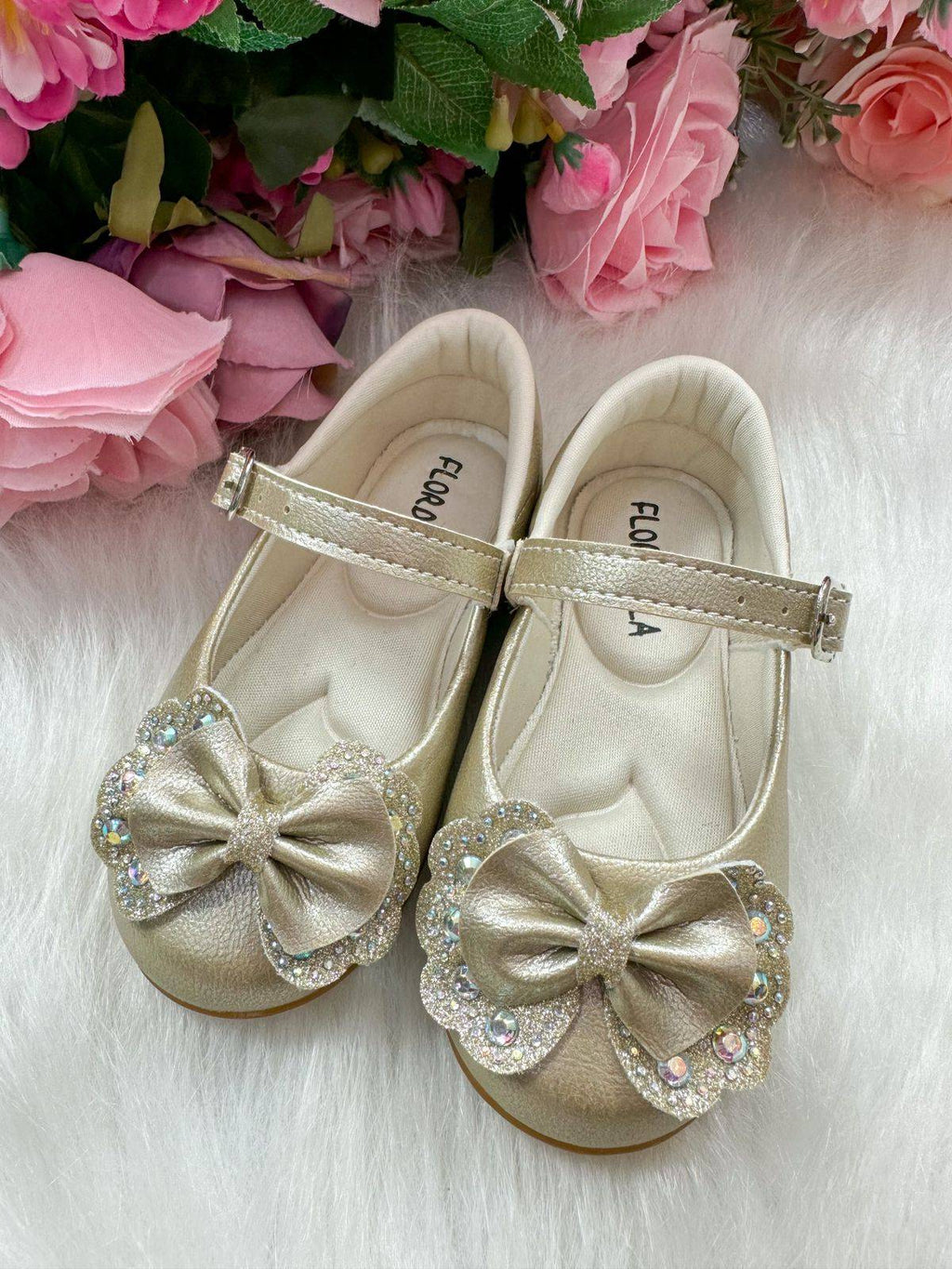 Sapatilha Dourada com Lacinho e Strass para Meninas