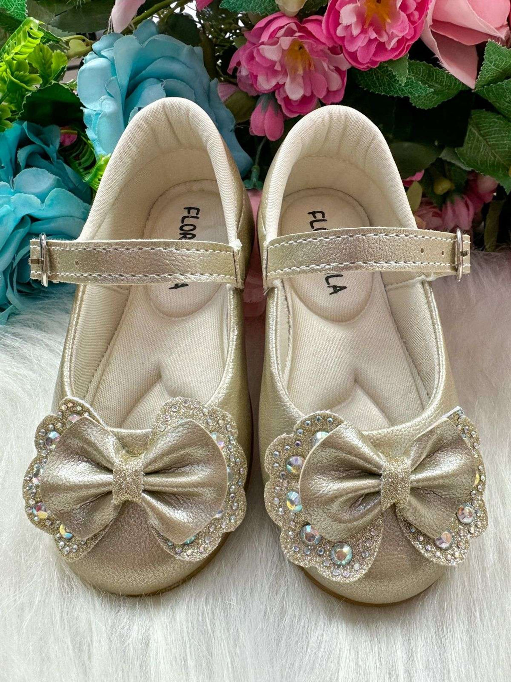 Sapatilha Dourada com Lacinho e Strass para Meninas