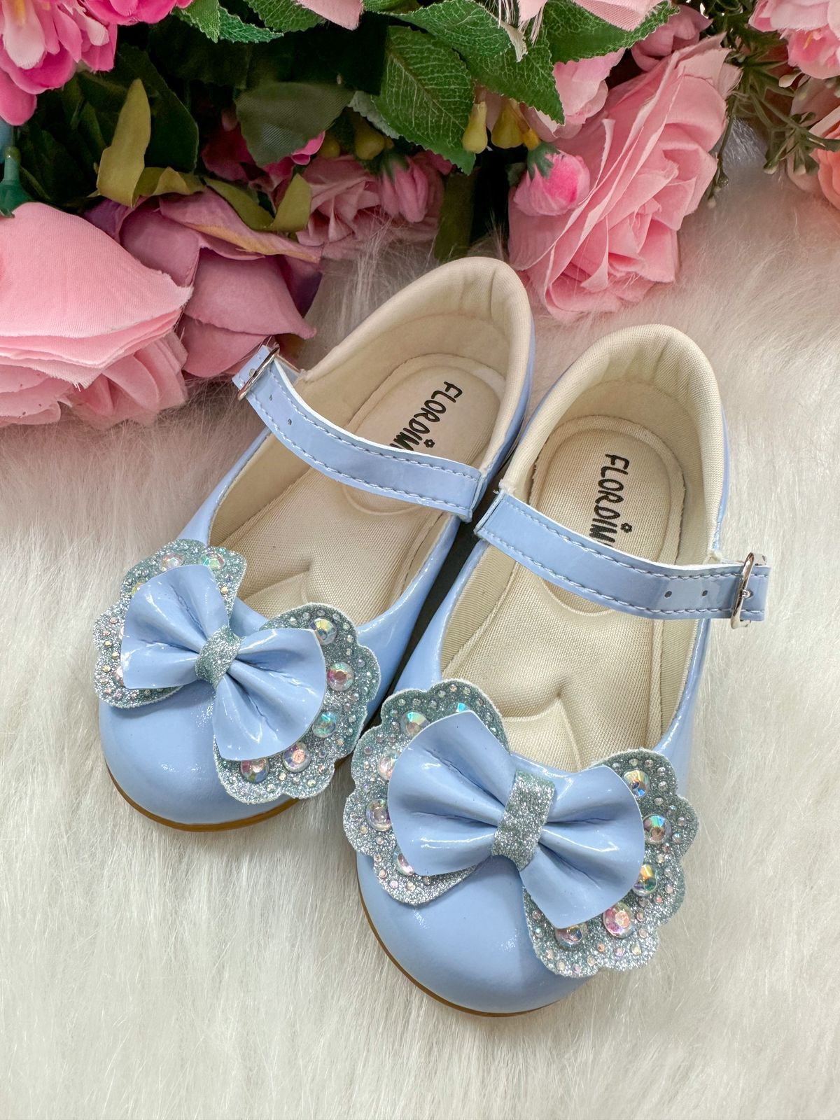 Sapatilha Azul Bebê com Laço Removível e Strass para Meninas