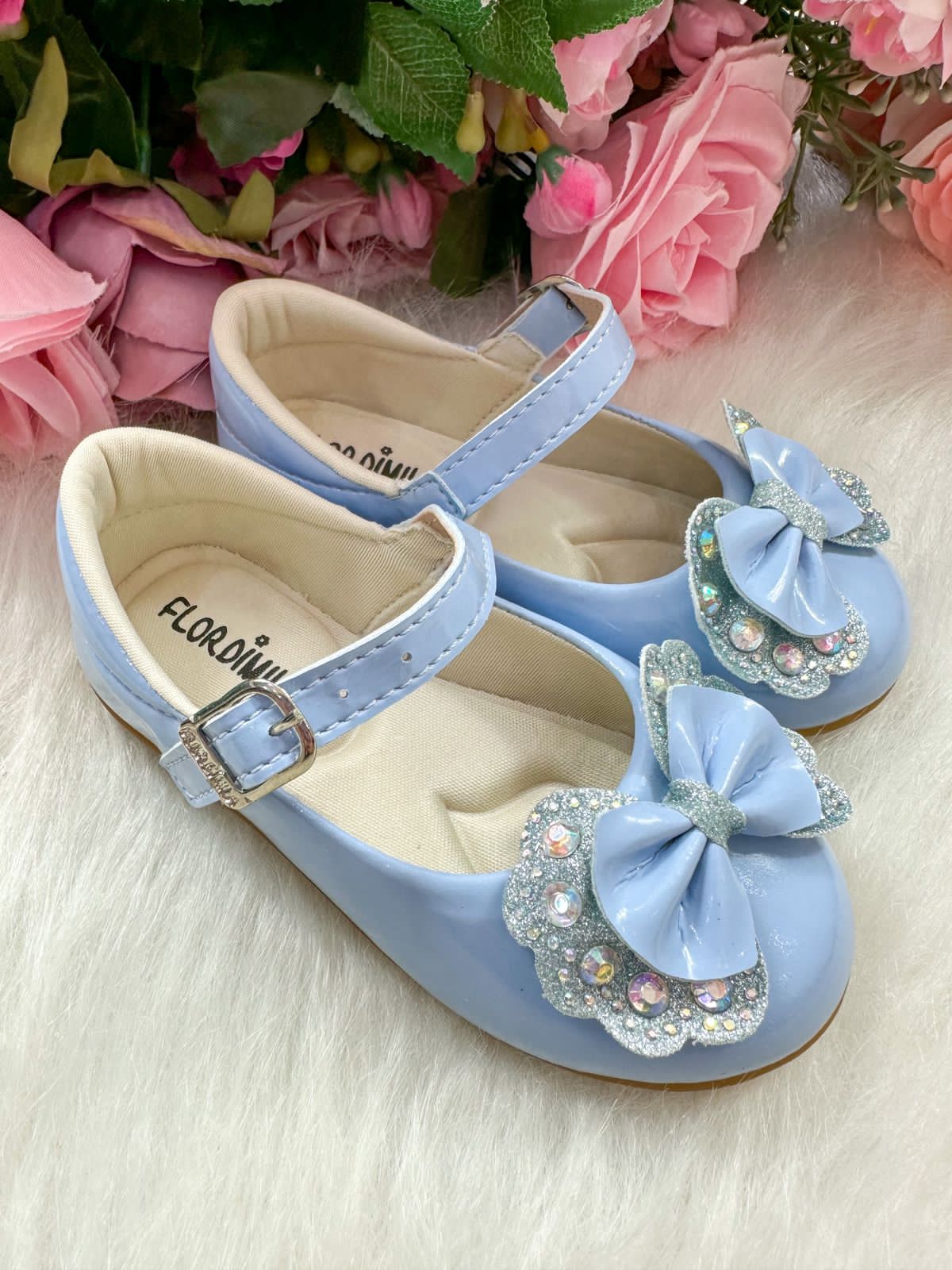 Sapatilha Azul Bebê com Laço Removível e Strass para Meninas