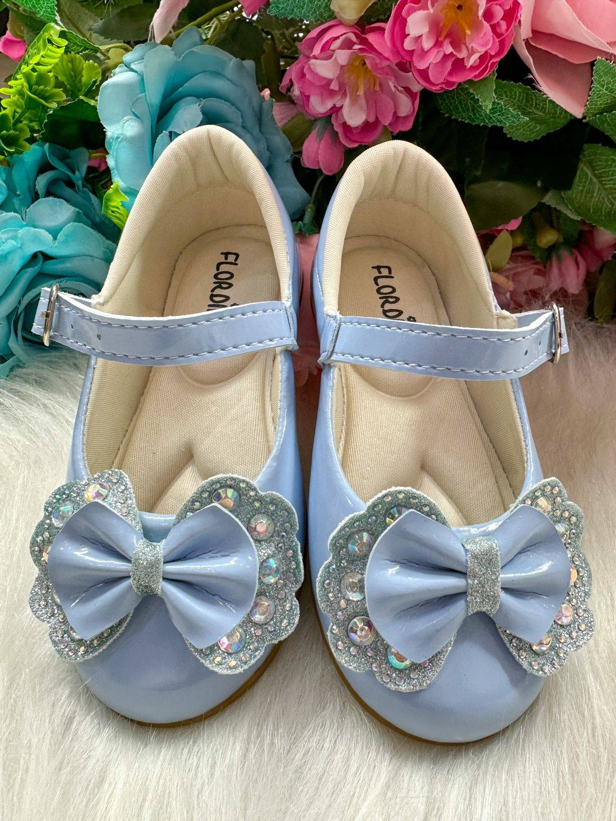 Sapatilha Azul Bebê com Laço Removível e Strass para Meninas