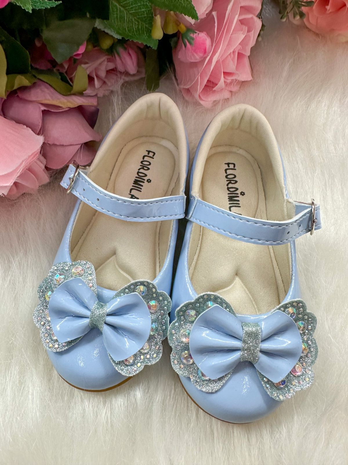 Sapatilha Azul Bebê com Laço Removível e Strass para Meninas