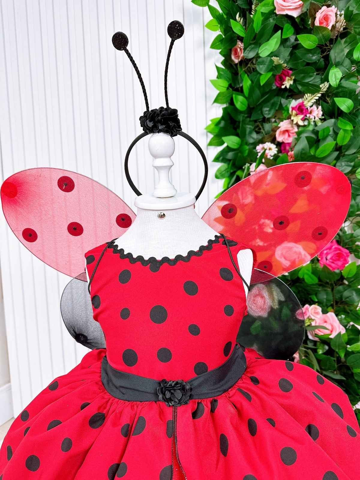 Vestido Luxuoso Joaninha com Asa e Tiara em Tecido Misto