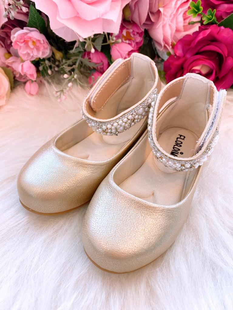 Sapatilha Dourada Luxo com Pérolas para Meninas