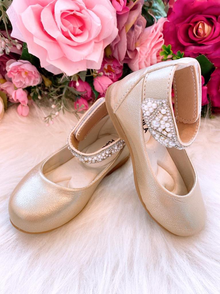 Sapatilha Dourada Luxo com Pérolas para Meninas