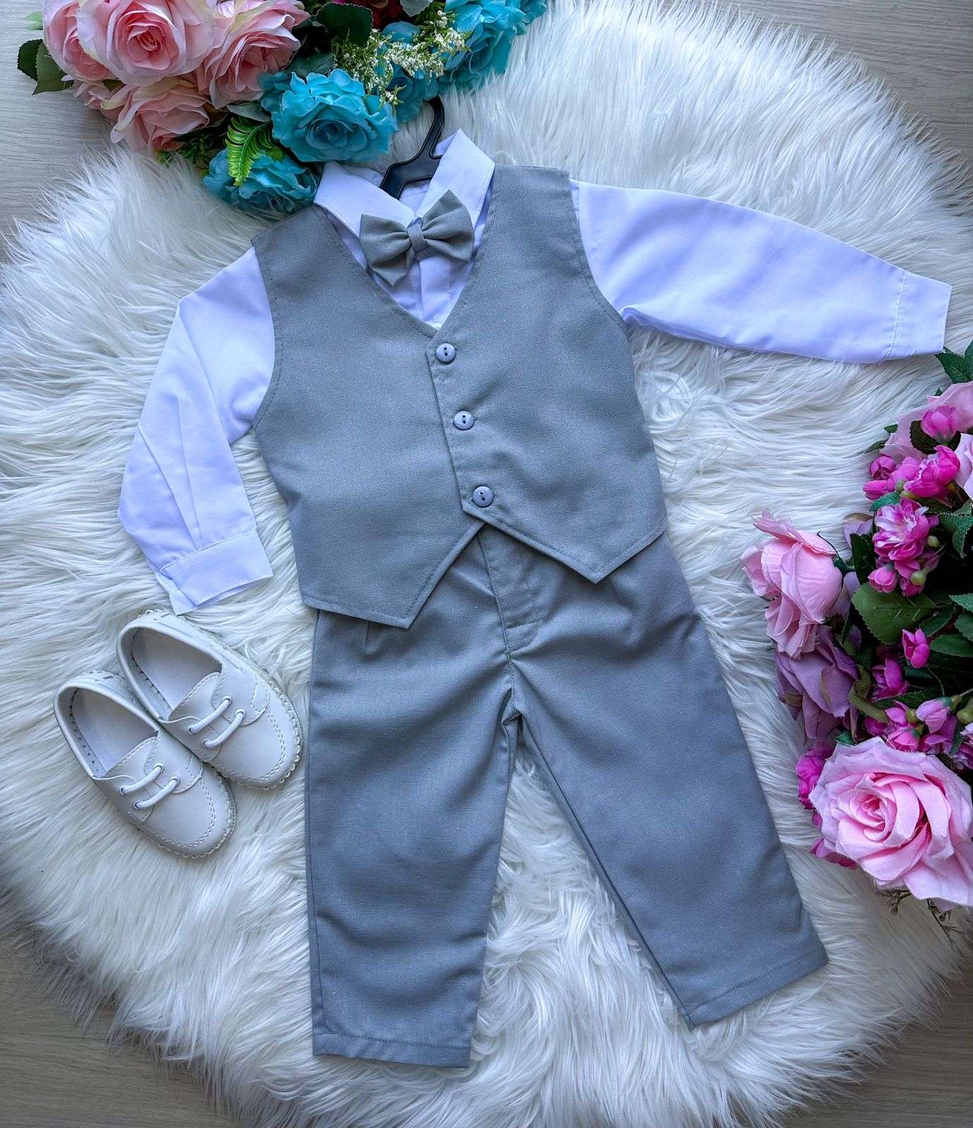 Conjunto Social Cinza Grafite com Colete de Microfibra e Twill