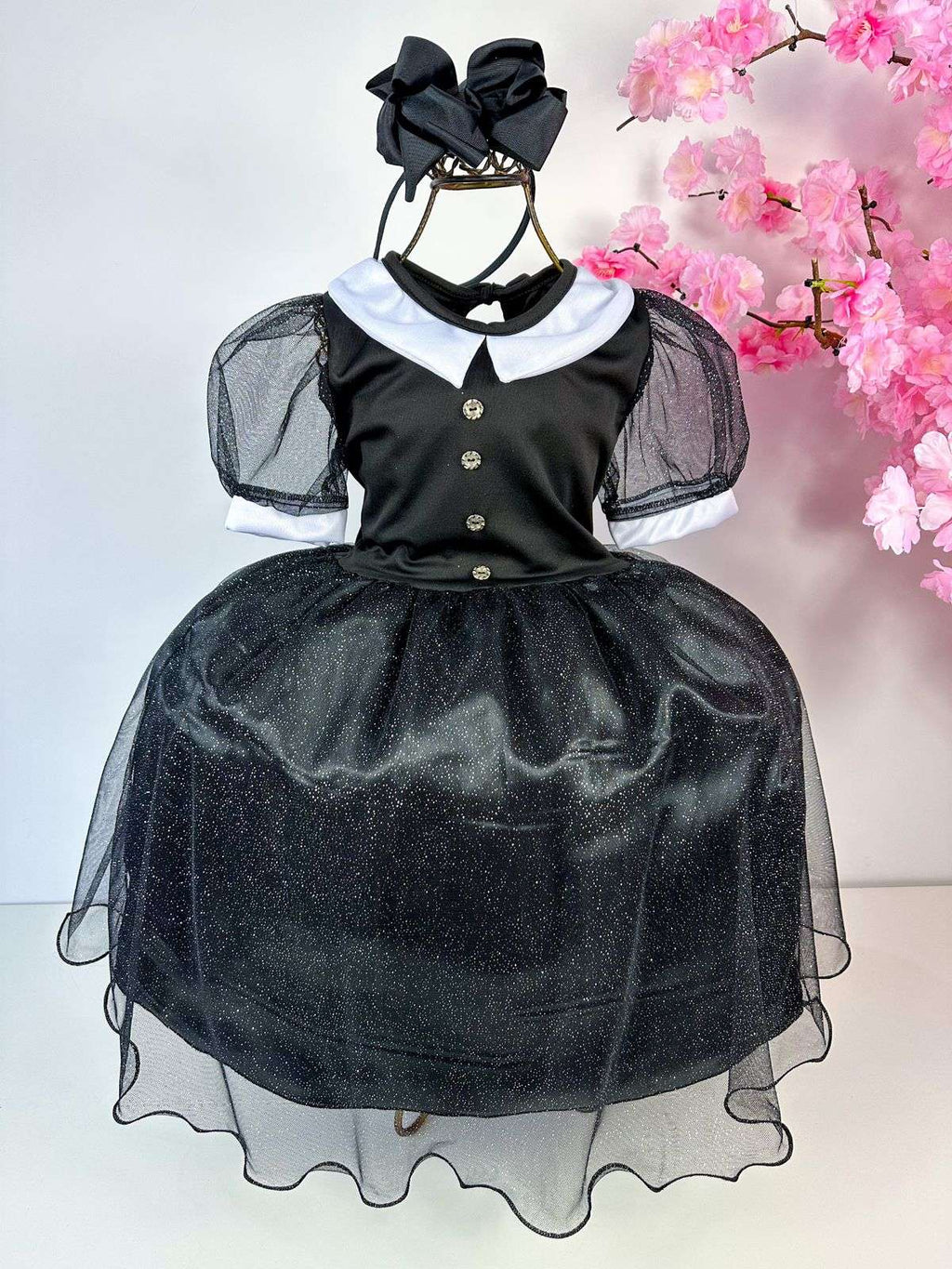 Fantasia Infantil Wandinha em Tule Preto com Gola Branca