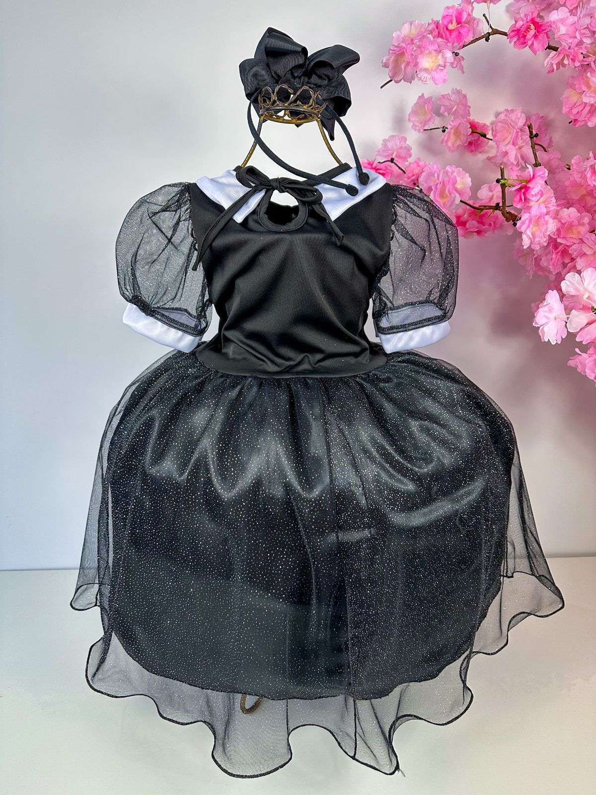 Fantasia Infantil Wandinha em Tule Preto com Gola Branca