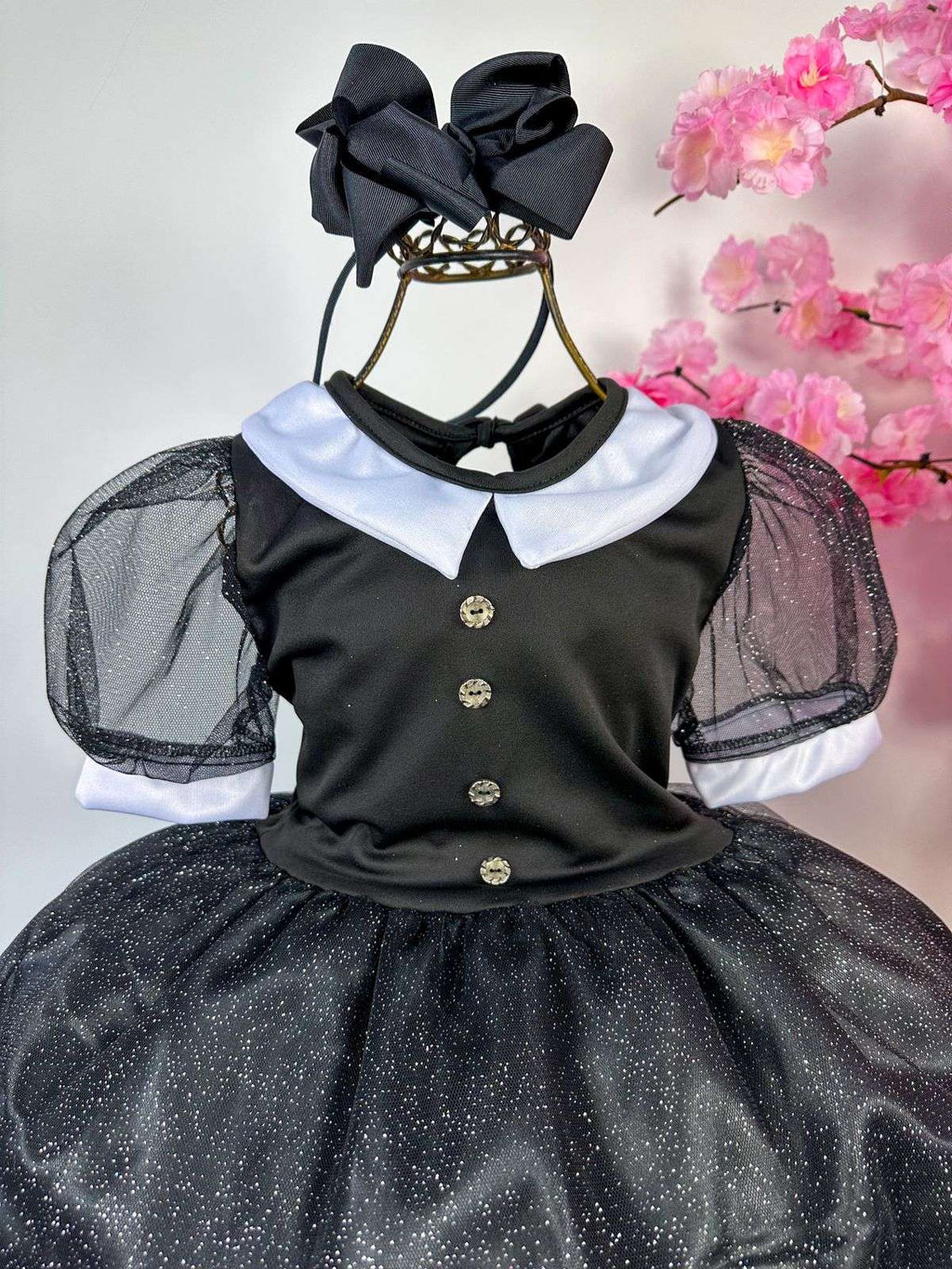 Fantasia Infantil Wandinha em Tule Preto com Gola Branca