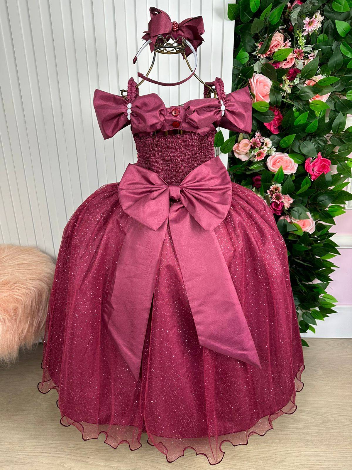 Vestido Princesa Marsala com Forro em Poliéster e Algodão
