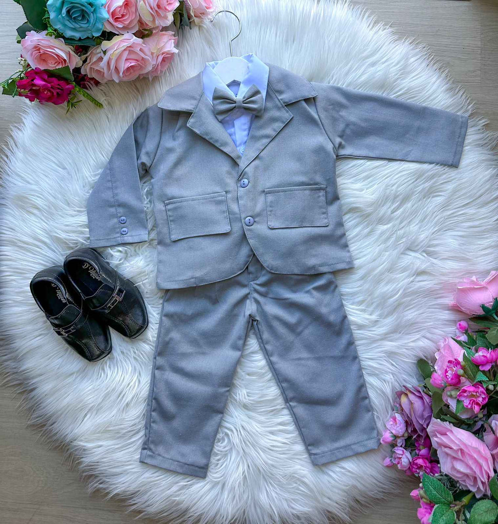 Terno Pedro Infantil Social Cinza com Blazer, Calça e Camisa