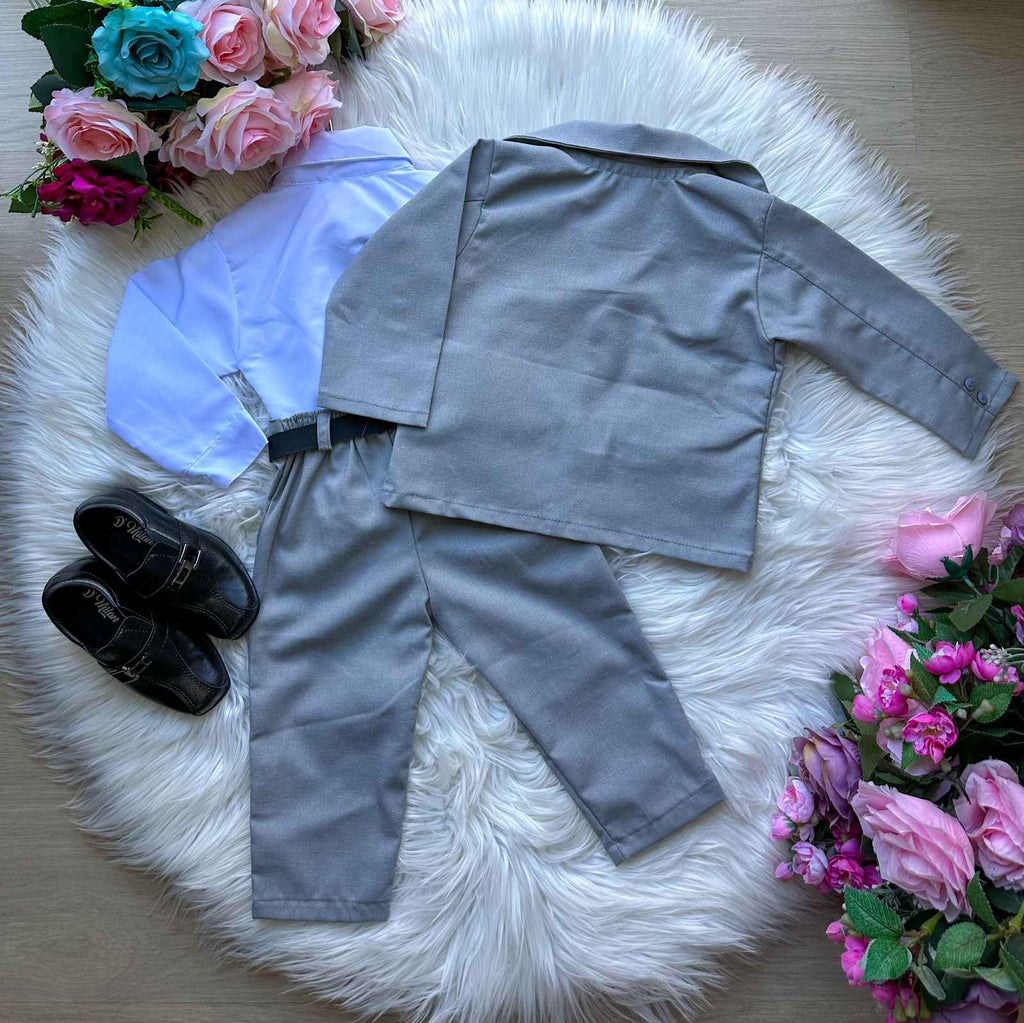 Terno Pedro Infantil Social Cinza com Blazer, Calça e Camisa