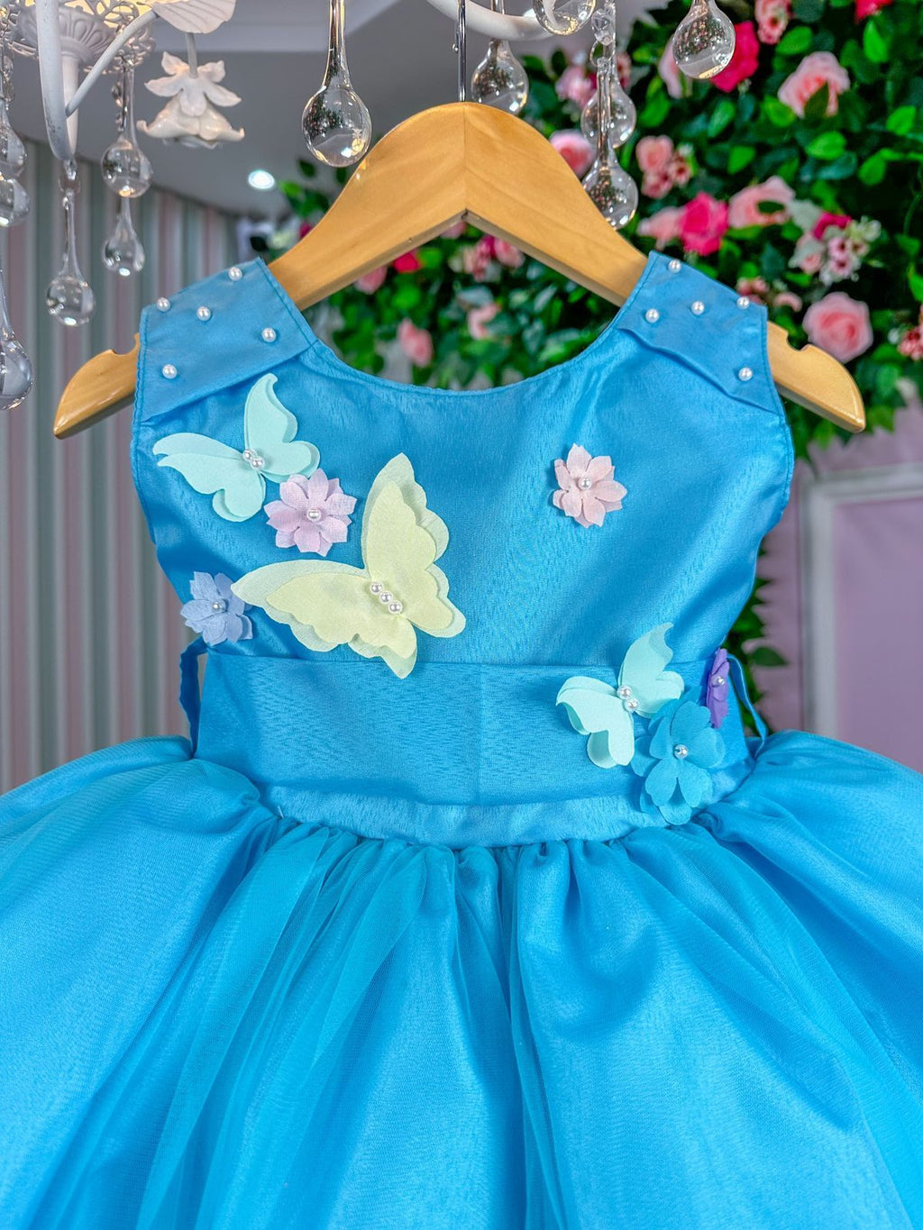Vestido Azul Turquesa Princesa com Forro em Poliéster e Algodão Jardim Encantado
