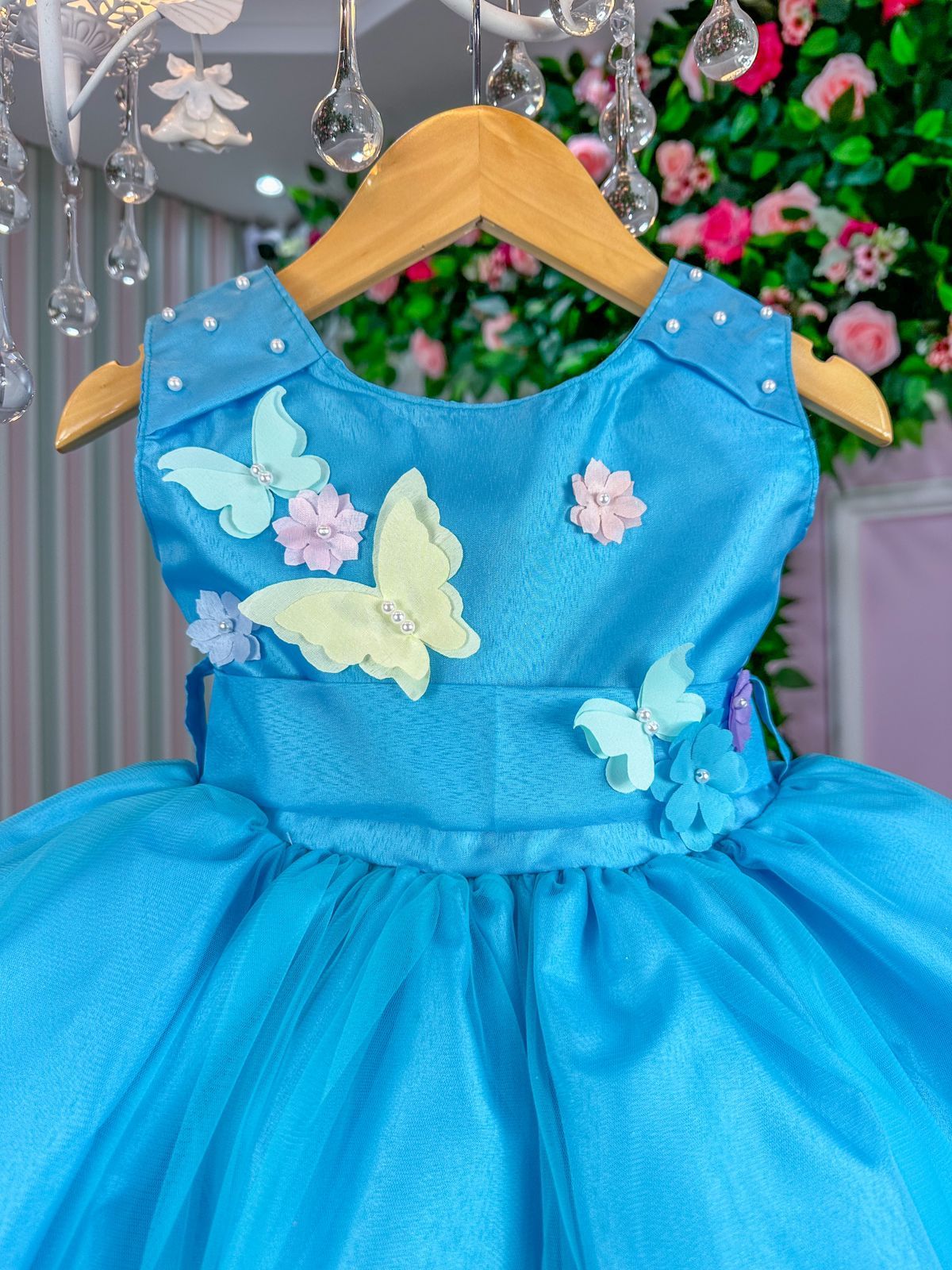 Vestido Azul Turquesa Princesa com Forro em Poliéster e Algodão Jardim Encantado