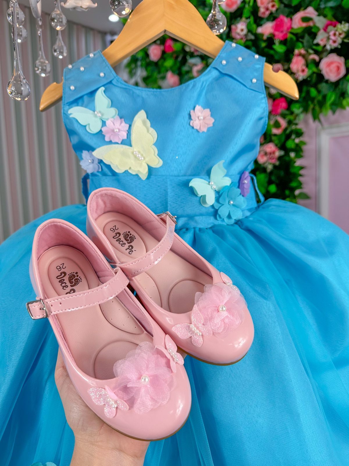 Vestido Azul Turquesa Princesa com Forro em Poliéster e Algodão Jardim Encantado