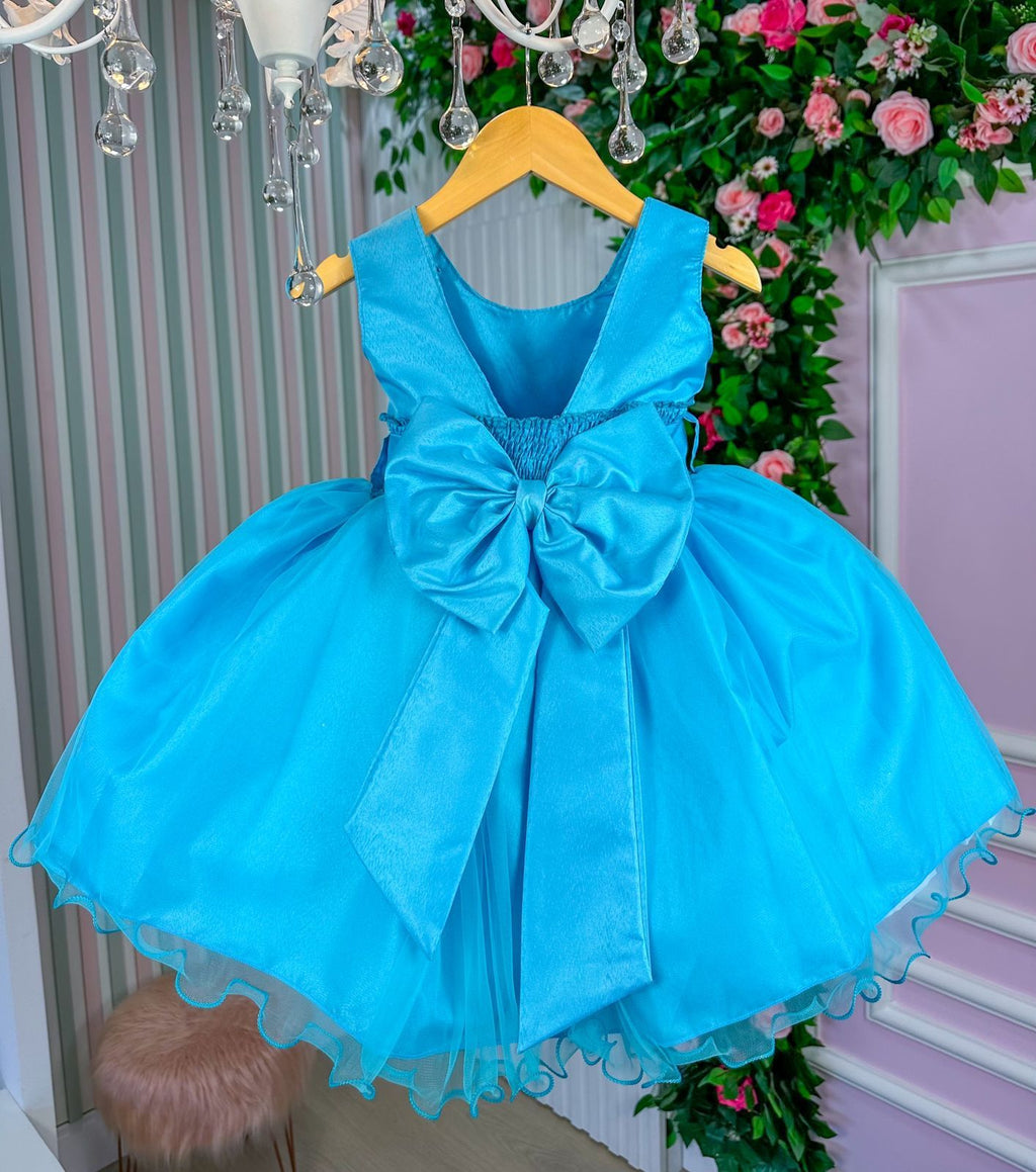 Vestido Azul Turquesa Princesa com Forro em Poliéster e Algodão Jardim Encantado