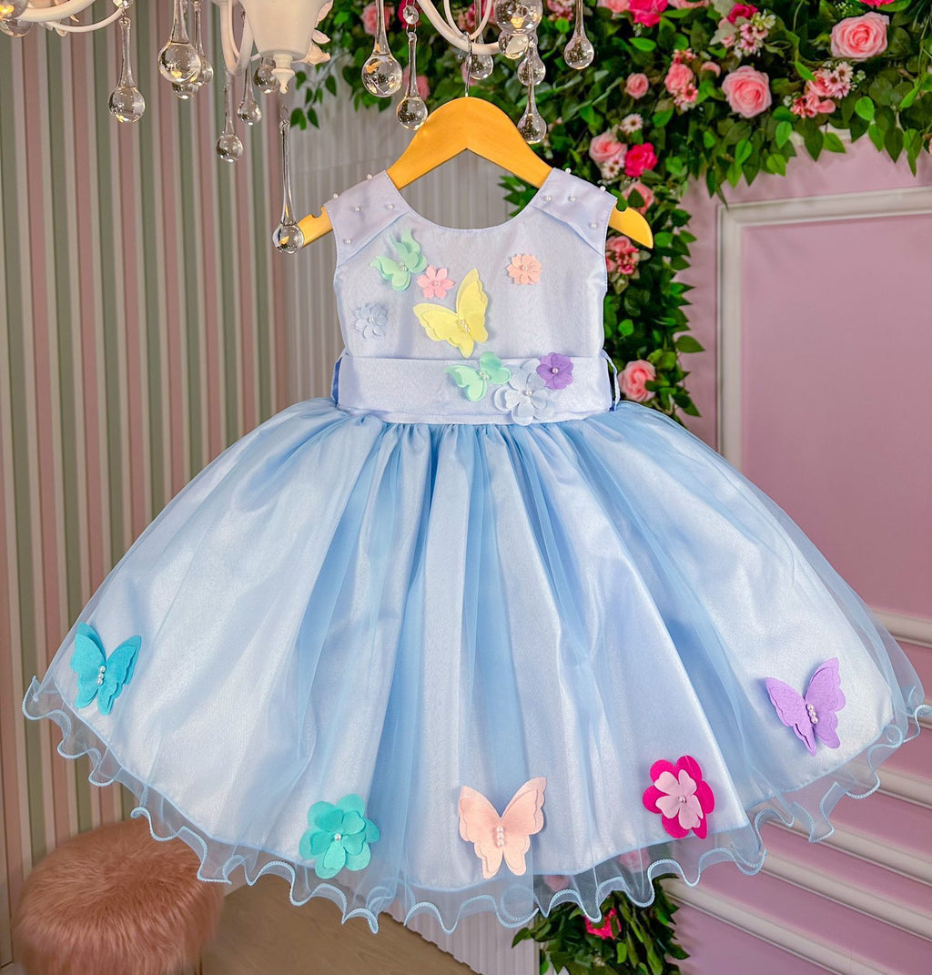 Vestido Azul Bebê Jardim Encantado para Princesa em Tecido Misto