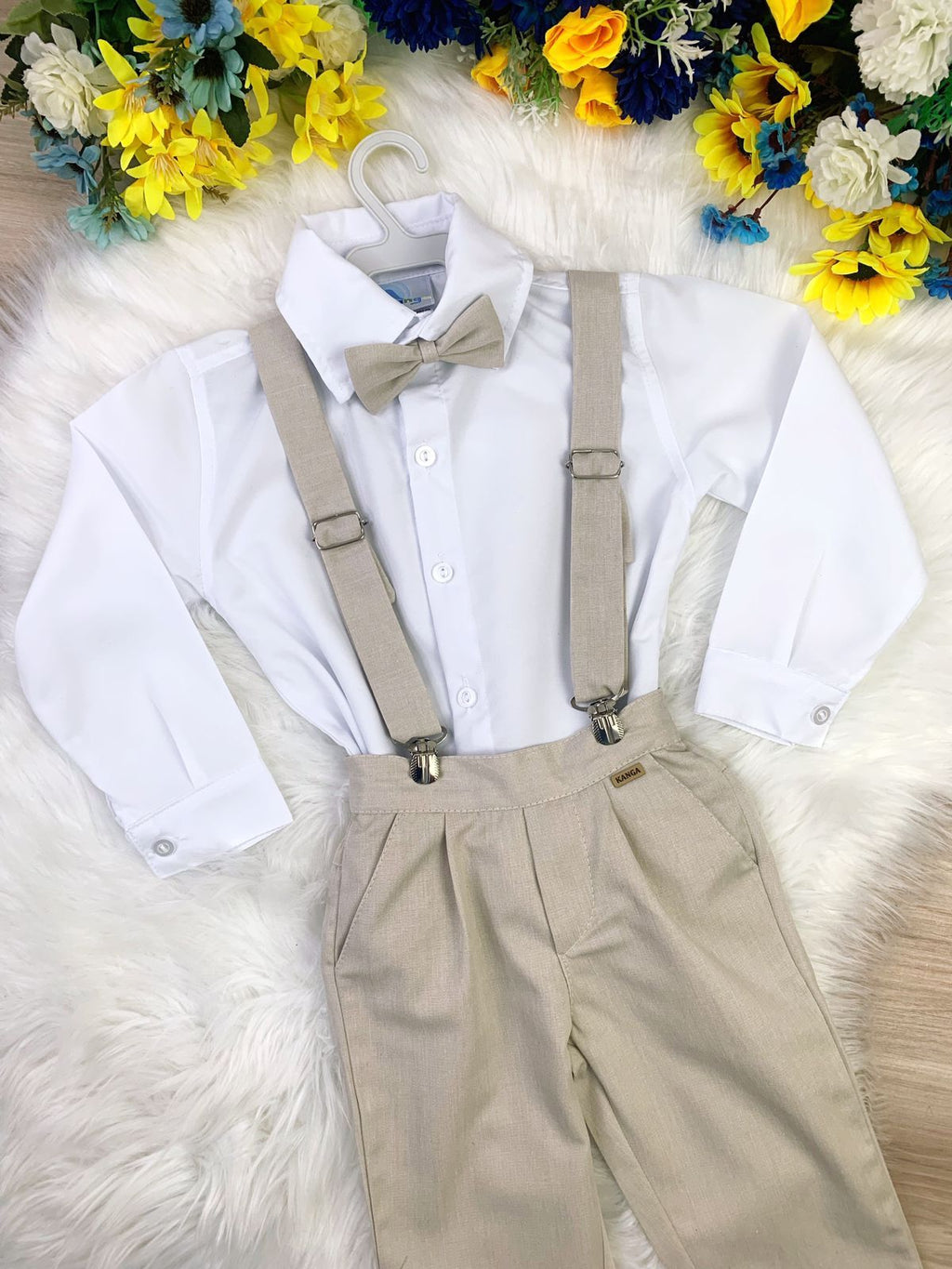 Conjunto Social Infantil Camisa Branca Calça Gravata Suspensório Bege