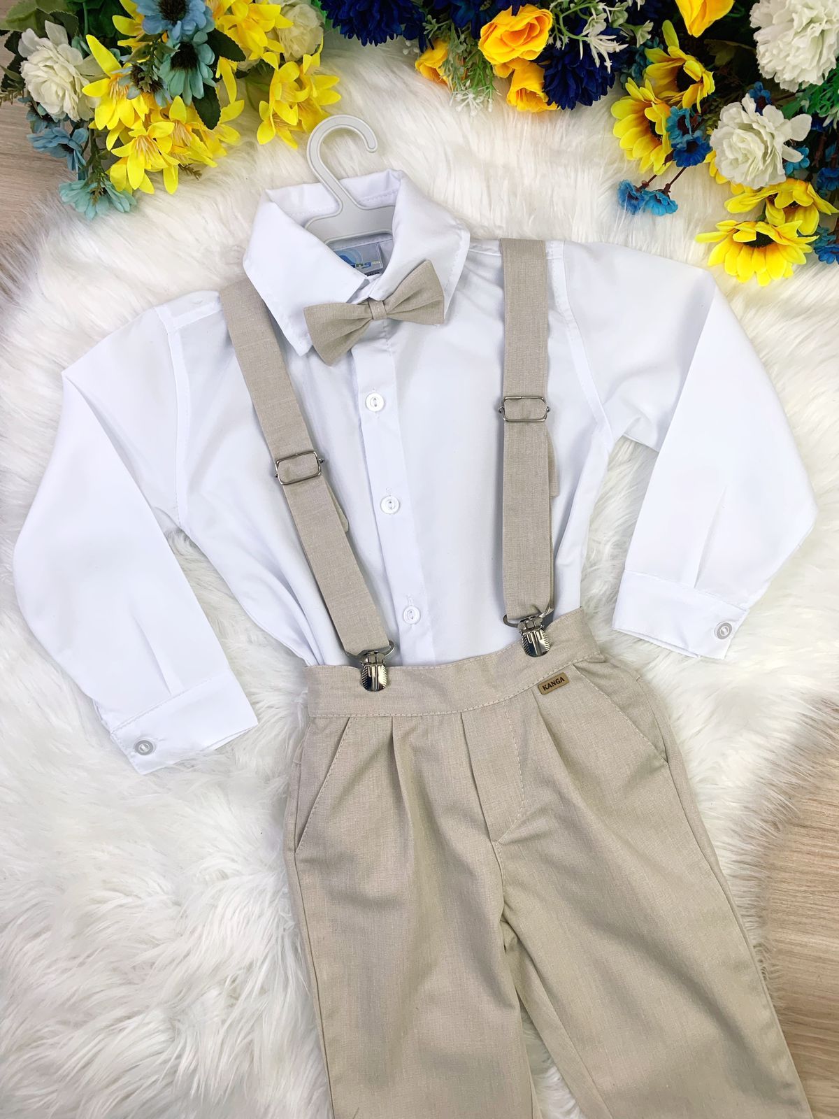 Conjunto Social Infantil Camisa Branca Calça Gravata Suspensório Bege