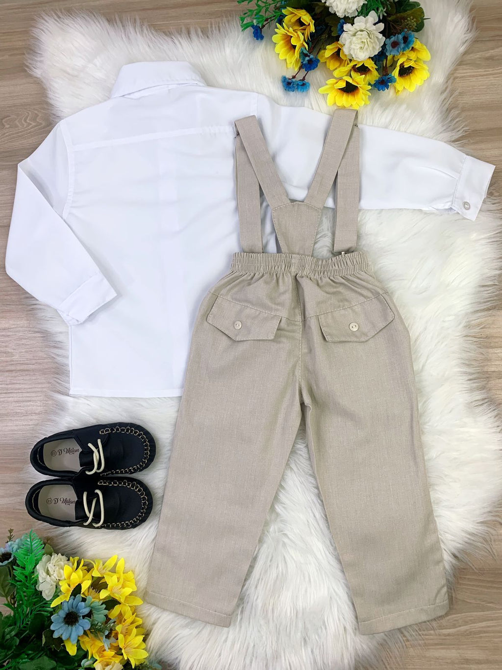 Conjunto Social Infantil Camisa Branca Calça Gravata Suspensório Bege
