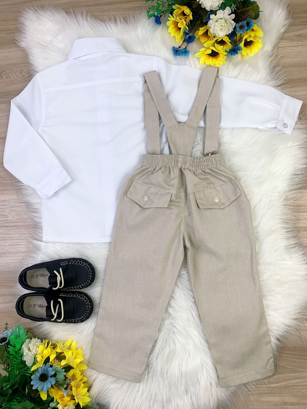 Conjunto Social Infantil Camisa Branca Calça Gravata Suspensório Bege