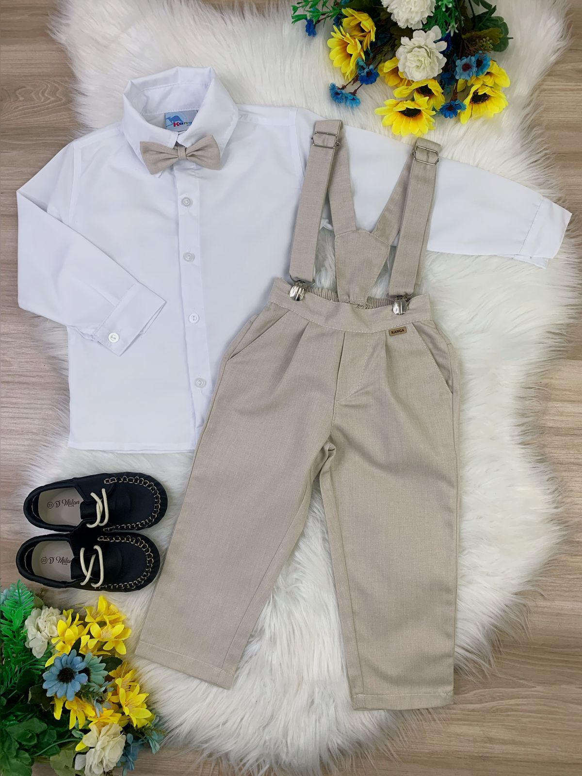Conjunto Social Infantil Camisa Branca Calça Gravata Suspensório Bege