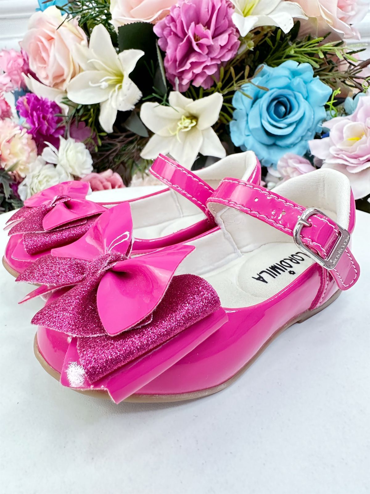 Sapatinho Pink Verniz com Lacinho e Glitter para Festas e Casuais