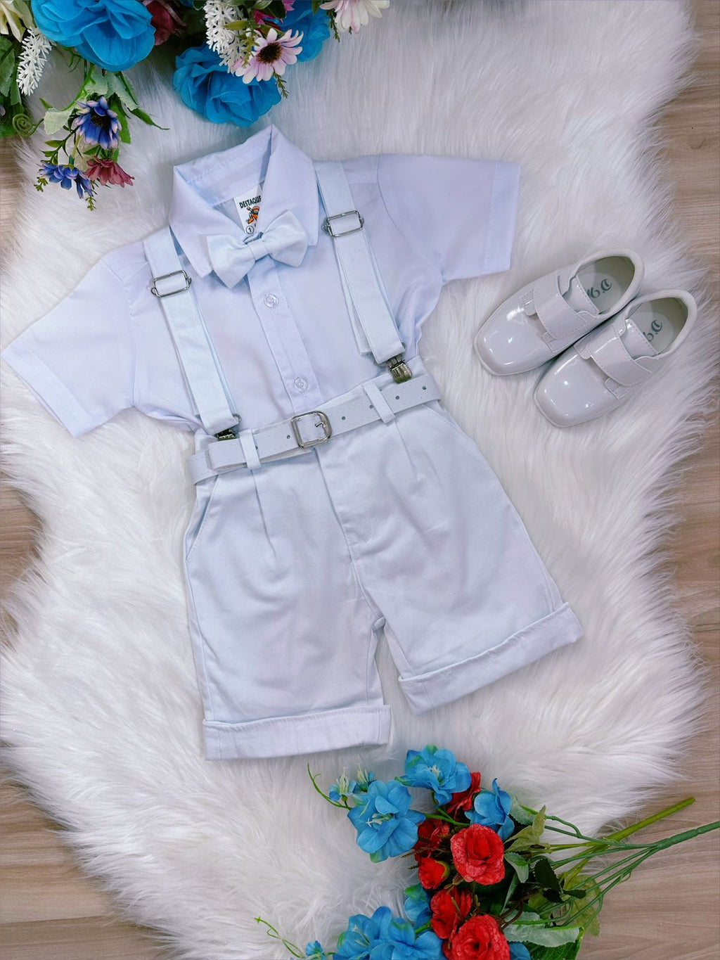 Conjunto Social Short Suspensório Gravata e Camisa Branca