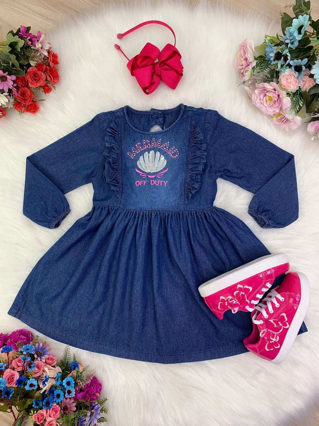 Vestido Infantil Jeans Com Manga Longa para Meninas Off Duty