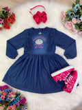 Vestido Infantil Jeans Com Manga Longa para Meninas Off Duty