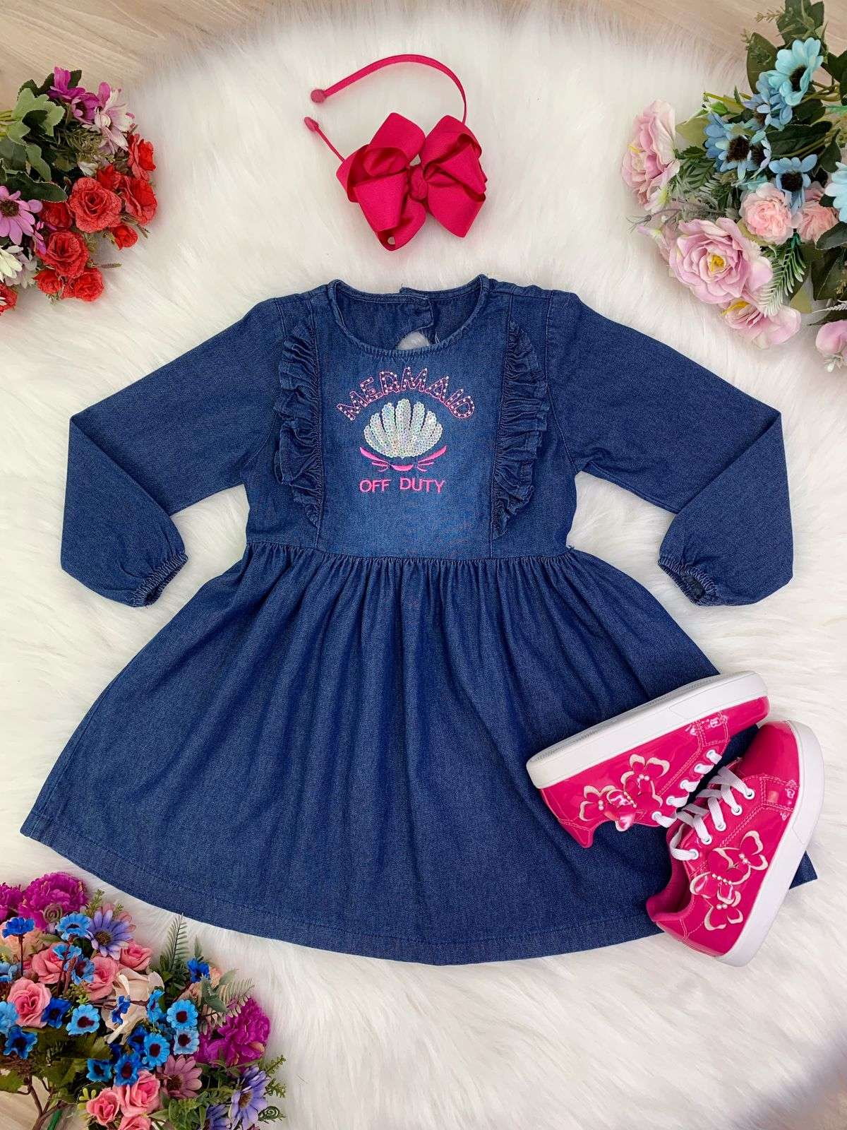 Vestido Infantil Jeans Com Manga Longa para Meninas Off Duty