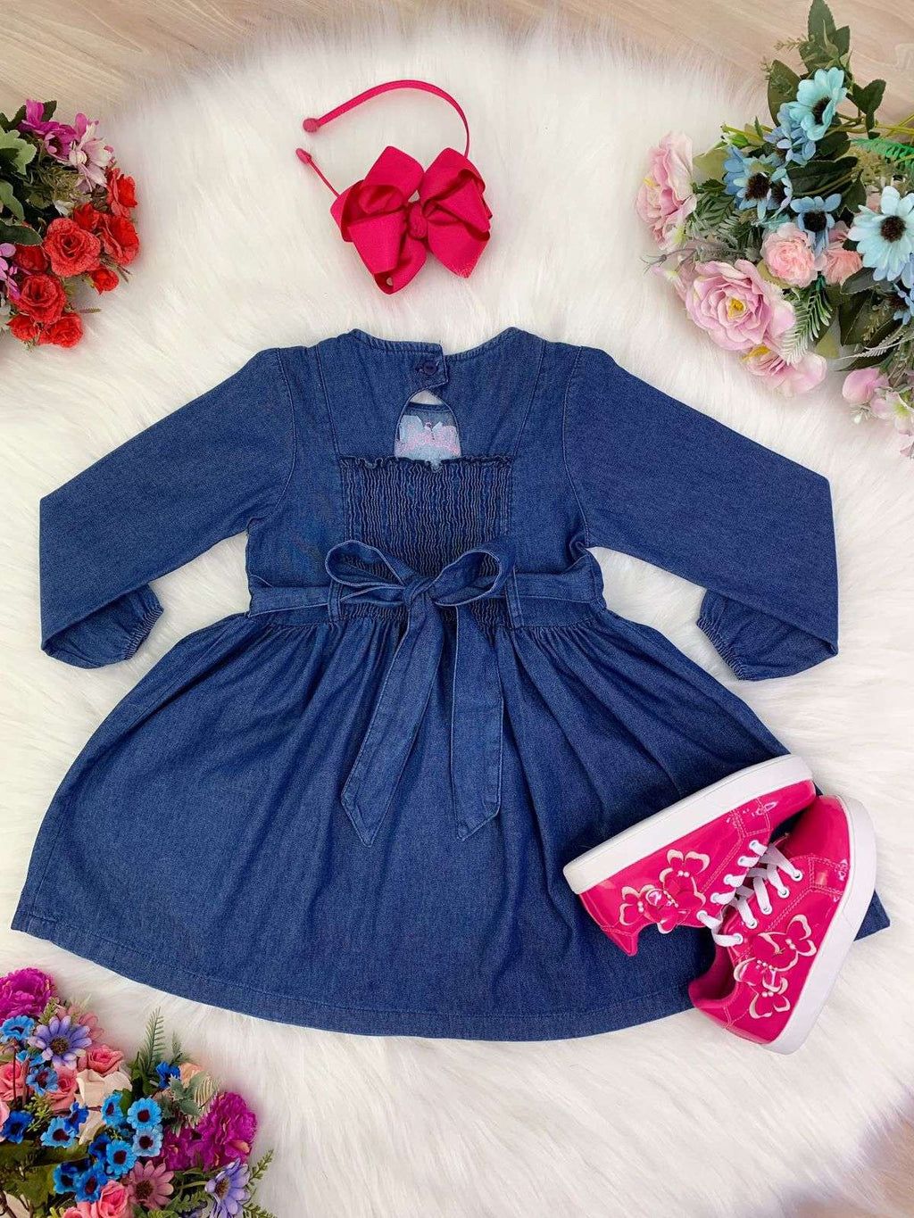 Vestido Infantil Jeans Com Manga Longa para Meninas Off Duty